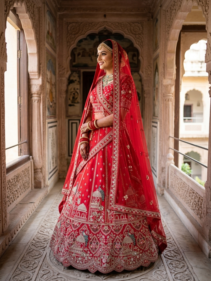 Red Raw Silk Bridal Lehenga with Aari and Zari Handwork