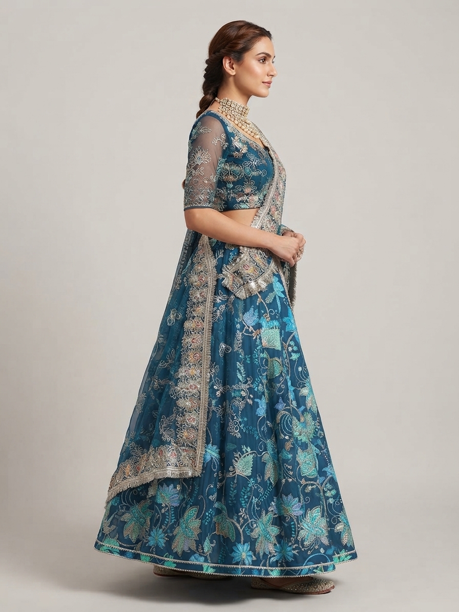 Blue Crepe Designer Lehenga with Intricate Thread Embroidery