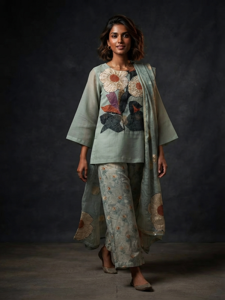 Hand-Embroidered Floral Cotton Suit Set
