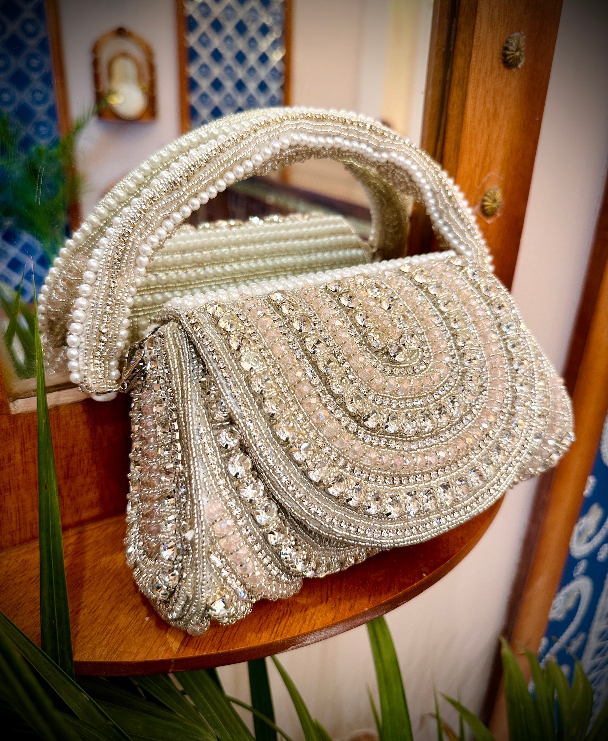 Pink Stone Clutch Bag with Bead Work and Beads Hangings — image 4 of 5