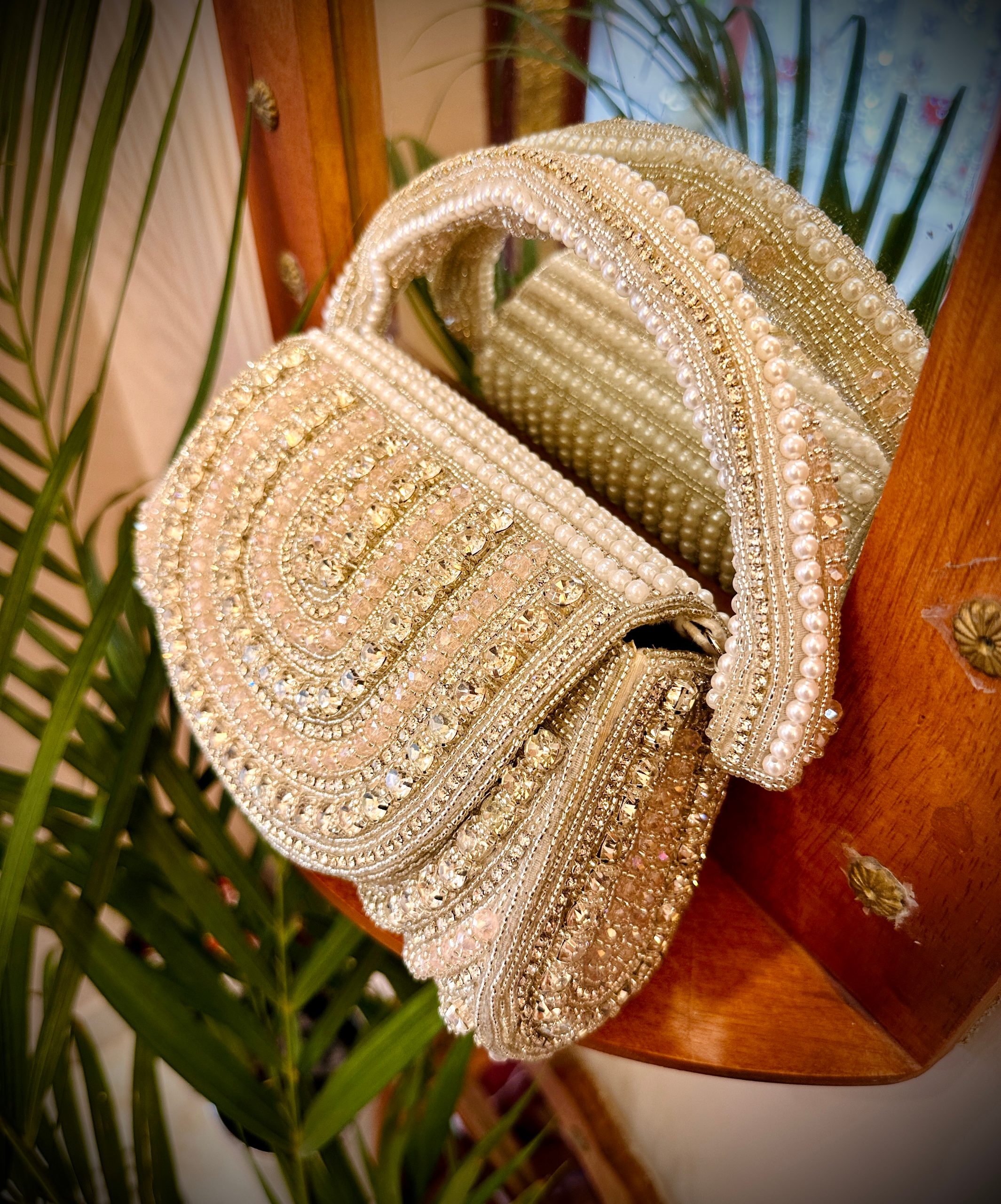 Pink Stone Clutch Bag with Bead Work and Beads Hangings — image 3 of 5