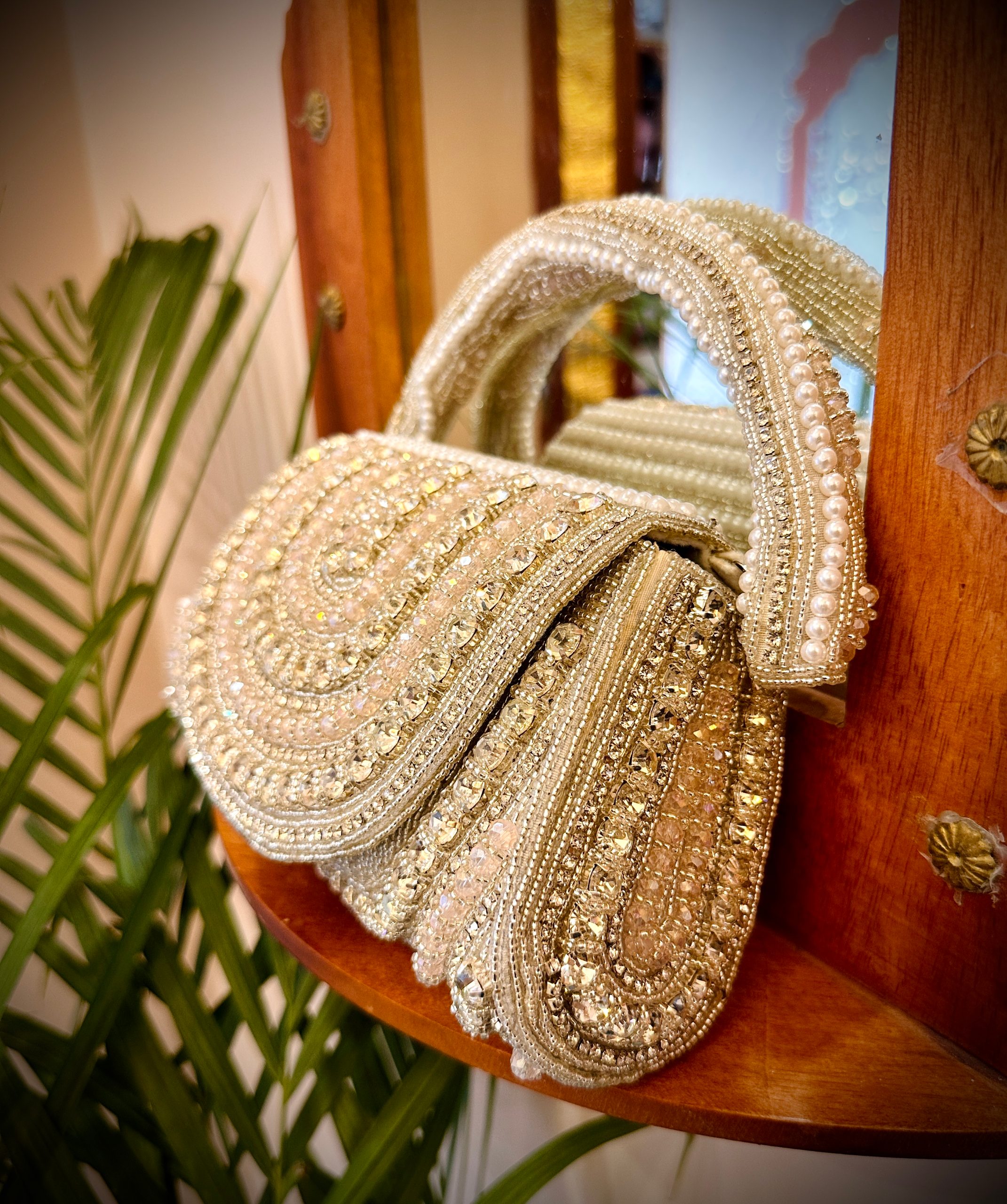 Pink Stone Clutch Bag with Bead Work and Beads Hangings — image 2 of 5