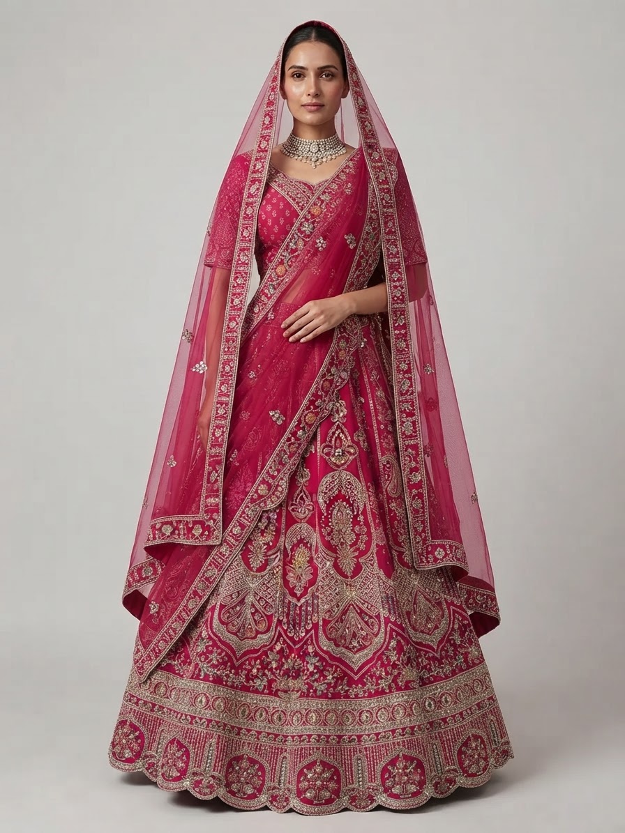 Rani Pink Bridal Lehenga Set with Intricate Hand Embroidery