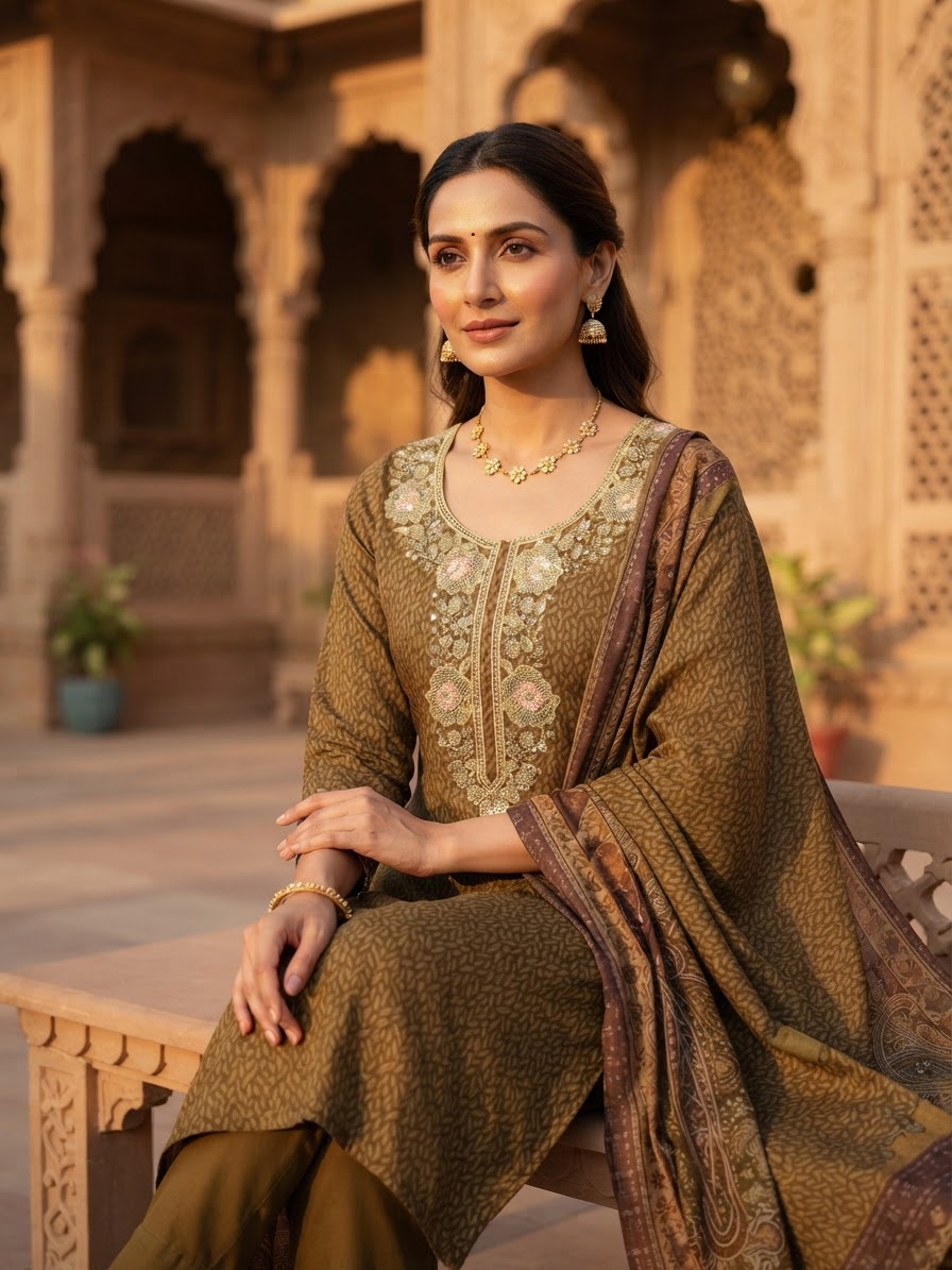 Silk Blend Printed Suit with Beaded Handwork