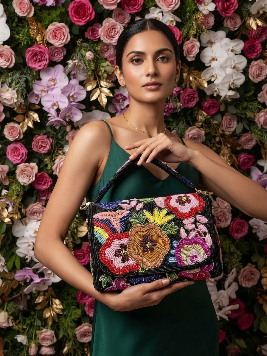 Multi-Color Beaded Flap Bag with Hanging Belt