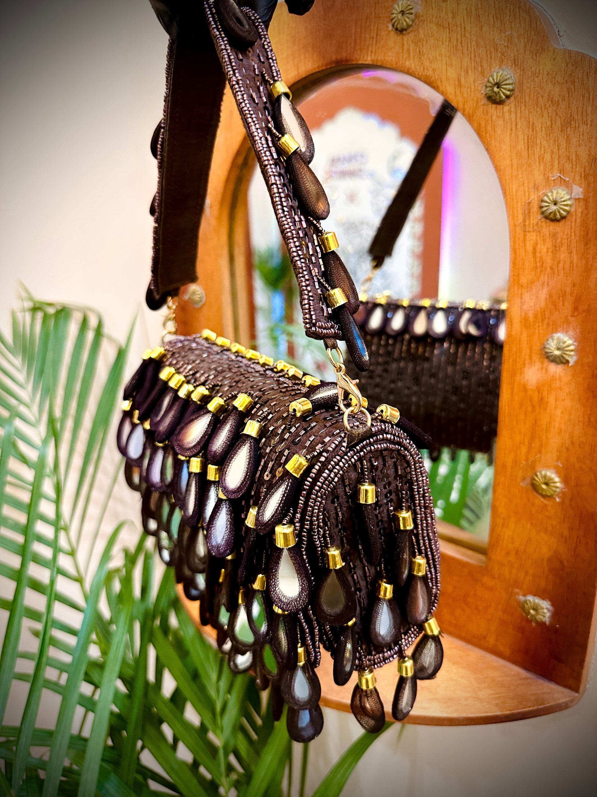 Coffee Mirror Flap Bag with Beads Embroidery — image 4 of 5