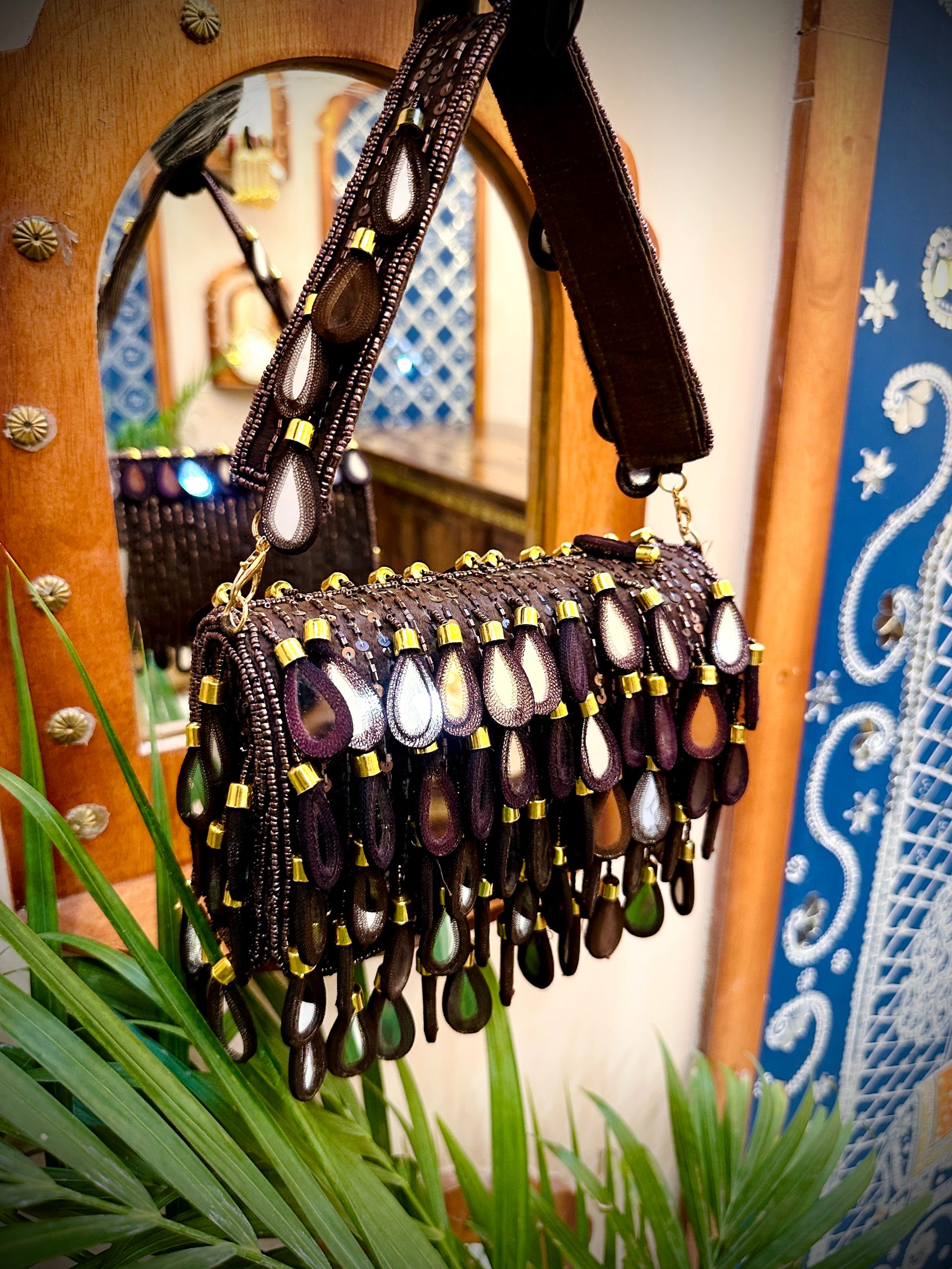 Coffee Mirror Flap Bag with Beads Embroidery — image 2 of 5
