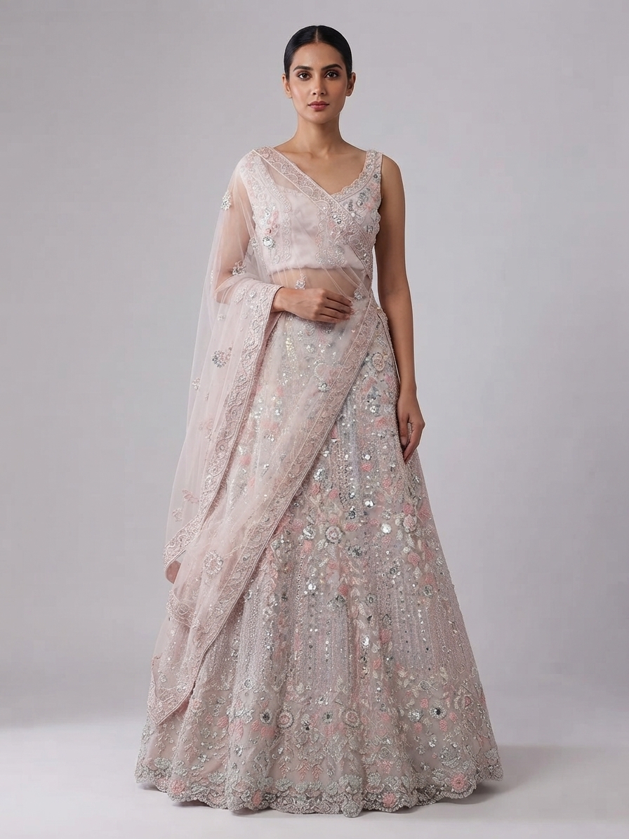 Blush Pink Net Embellished Bridal Lehenga