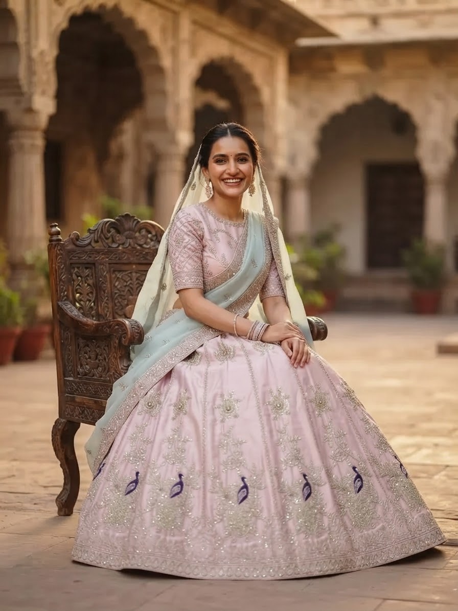 Pastel Pink & Sky Blue Peacock Bridal Lehenga