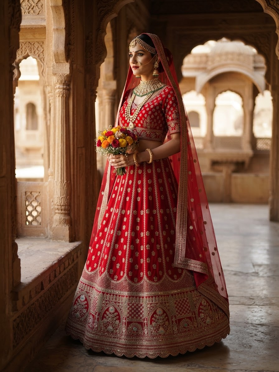 Red Raw Silk Bridal Lehenga with Zardosi and Stone Handwork