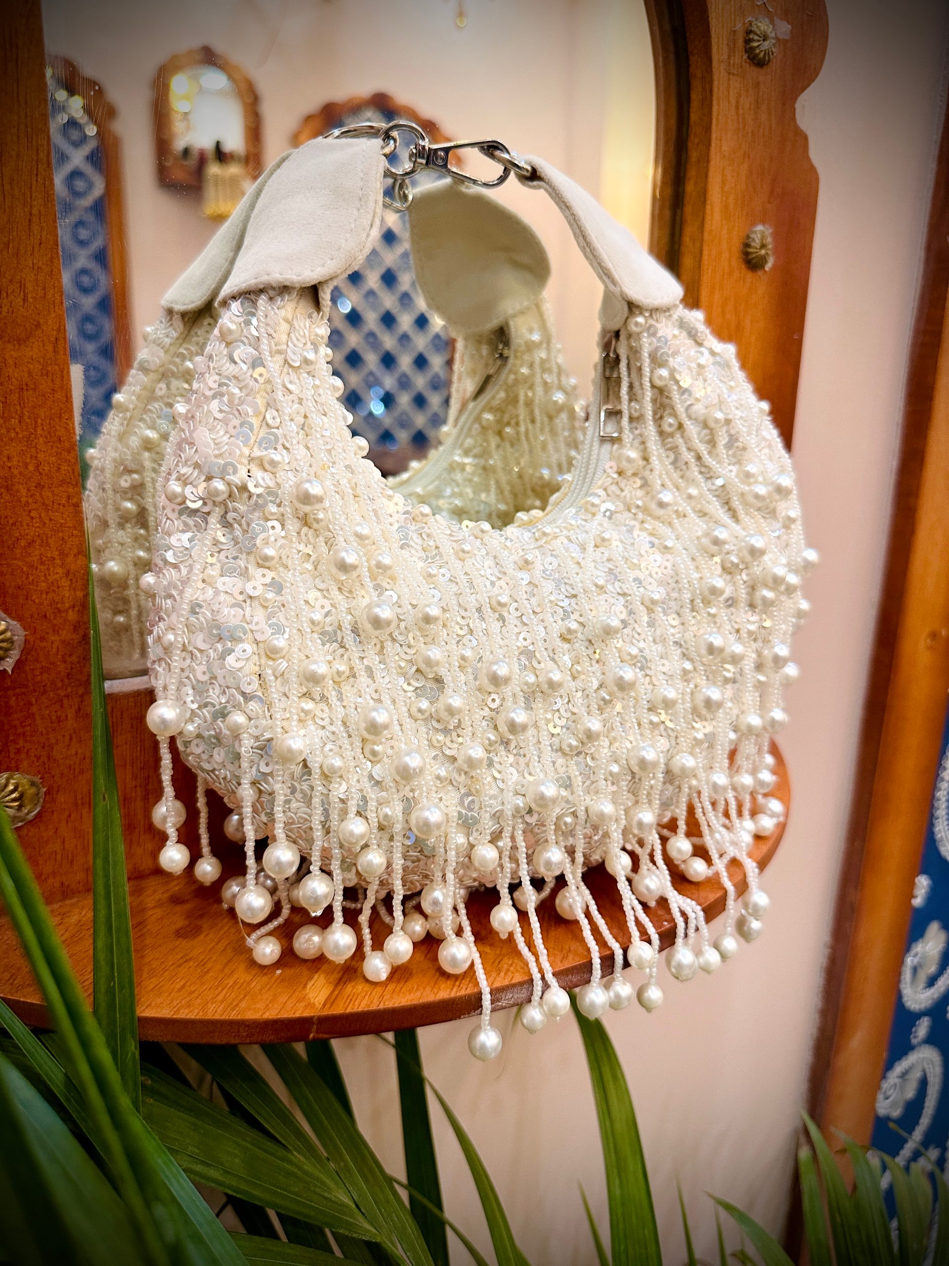 White Mirror Moon Clutch Bag with Sequins & Beads — image 2 of 5