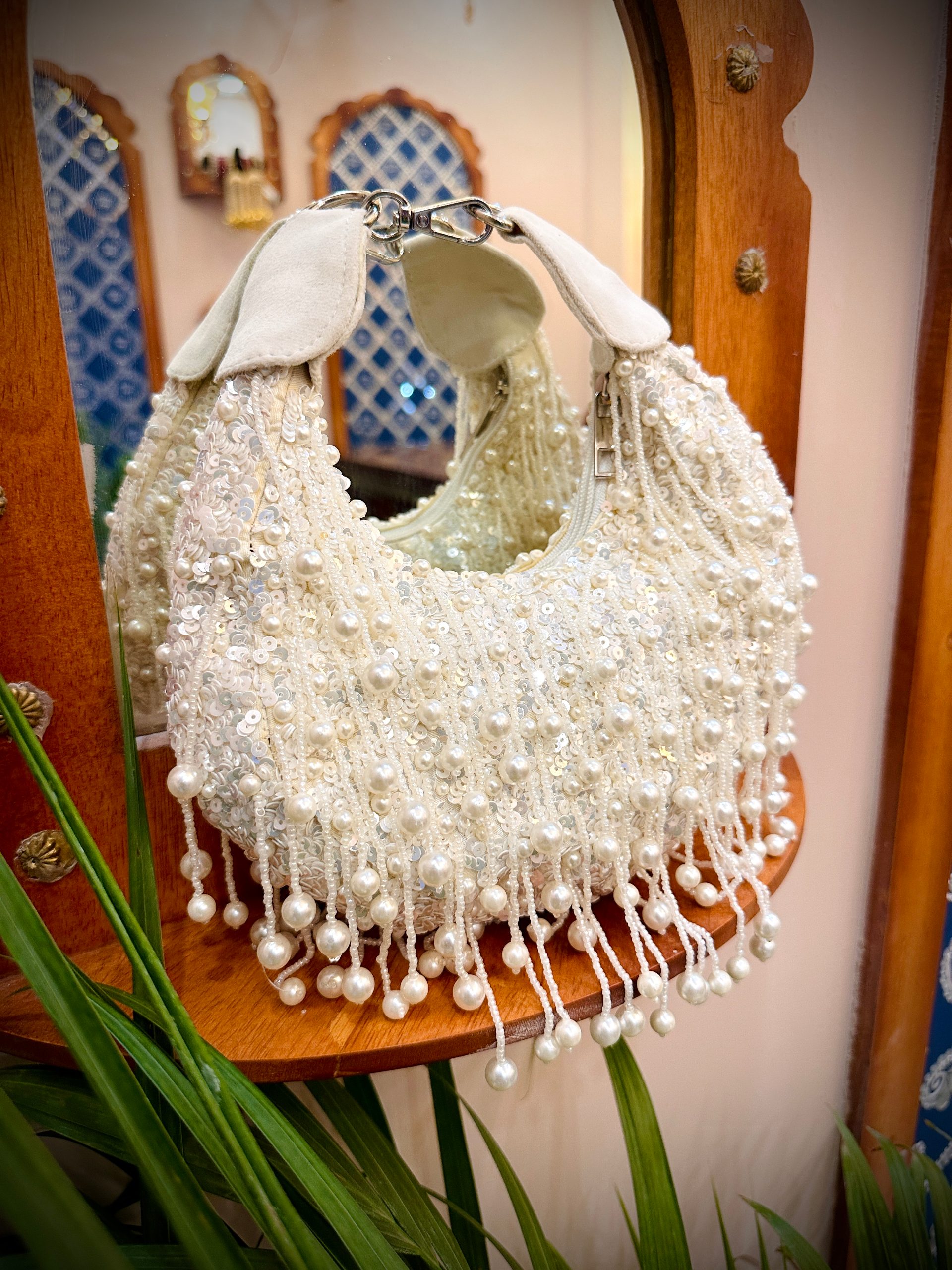 White Mirror Moon Clutch Bag with Sequins & Beads — image 3 of 5