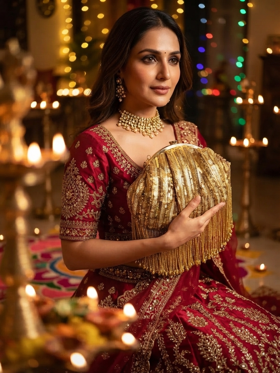 Gold Batua Bag with Sequins Beads Work & Hanging Beads
