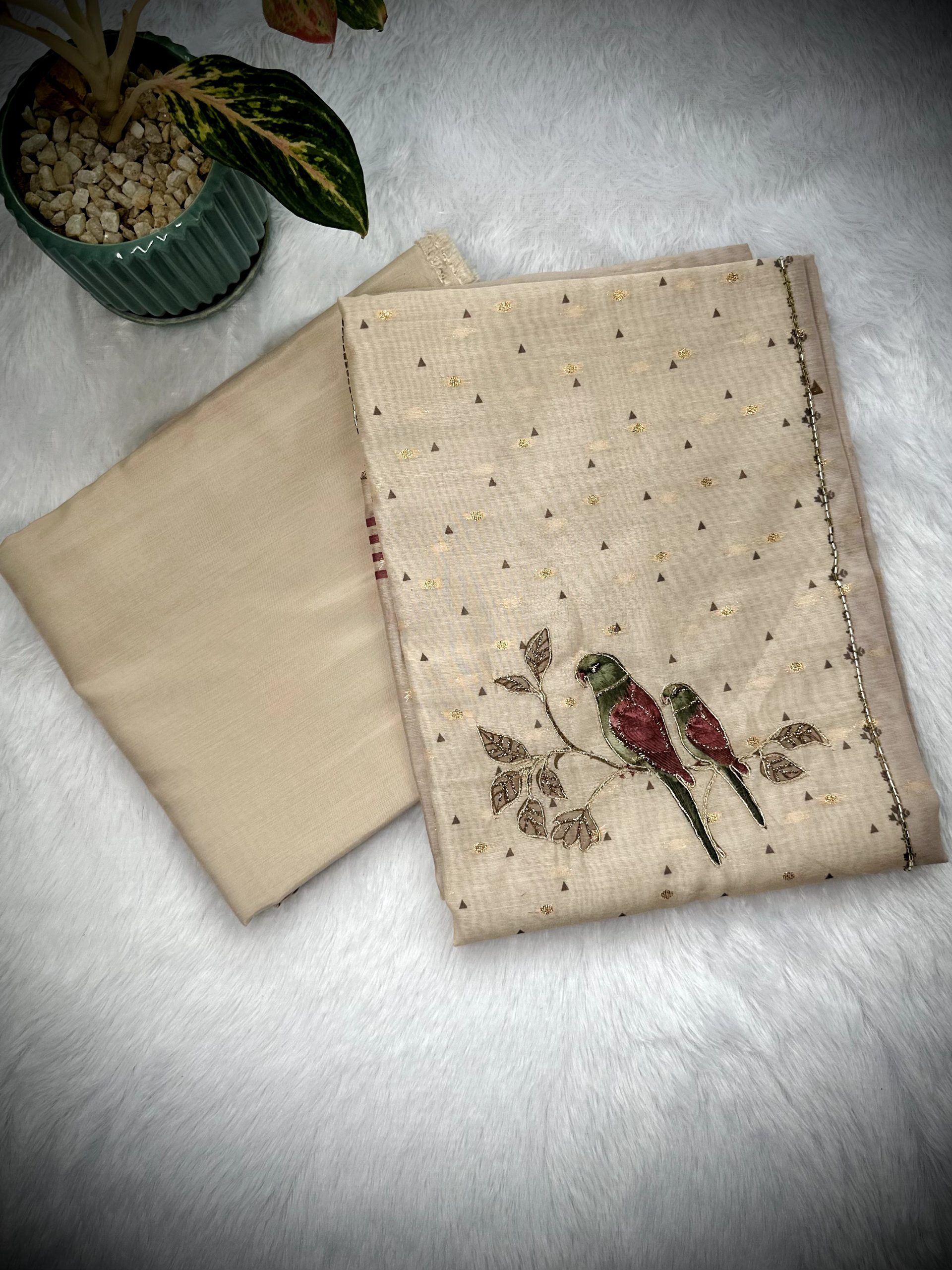 Cotton Mixed Suit with Beads & Zari Work, Parrot Motif — image 3 of 4