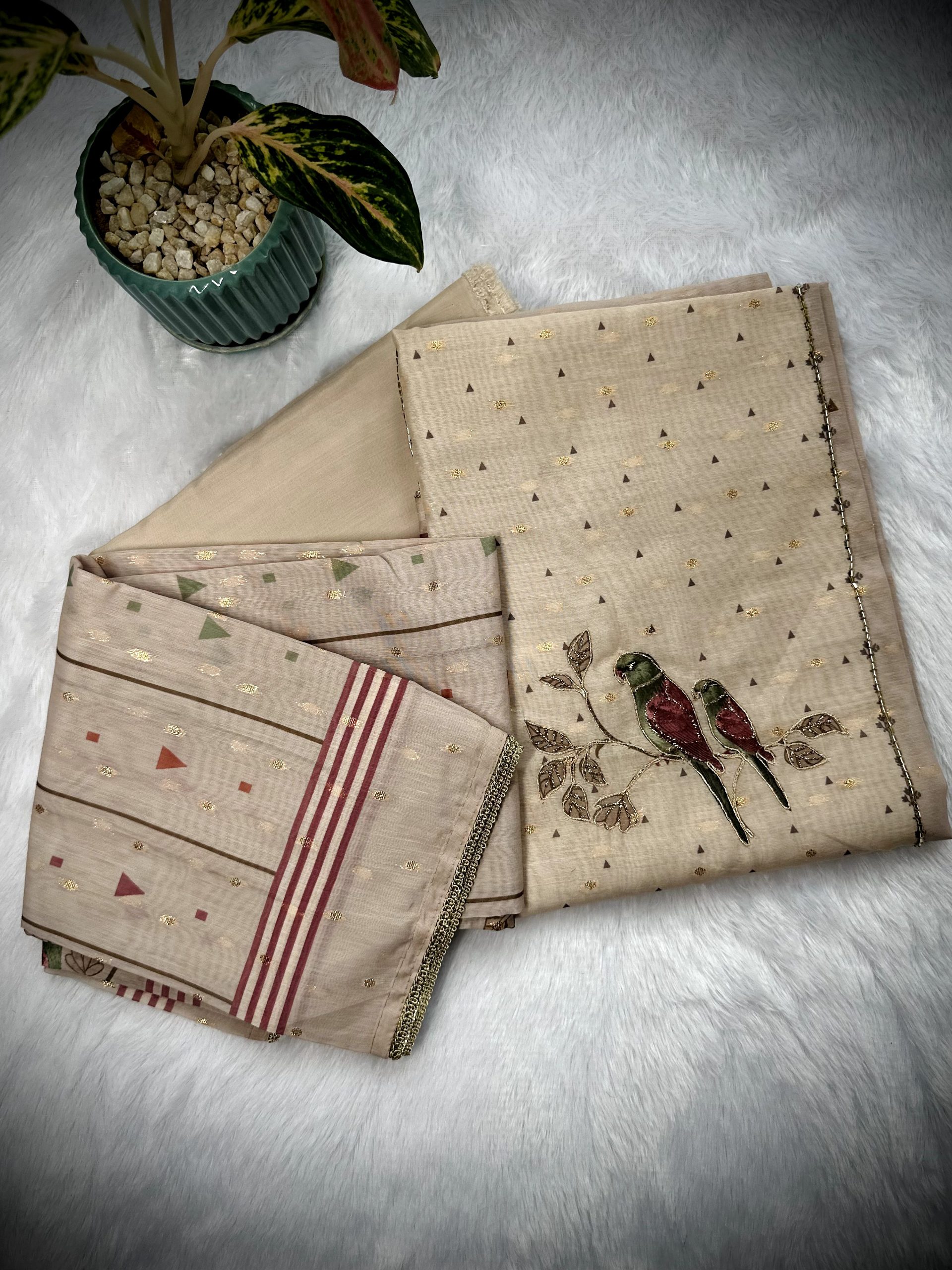 Cotton Mixed Suit with Beads & Zari Work, Parrot Motif — image 2 of 4