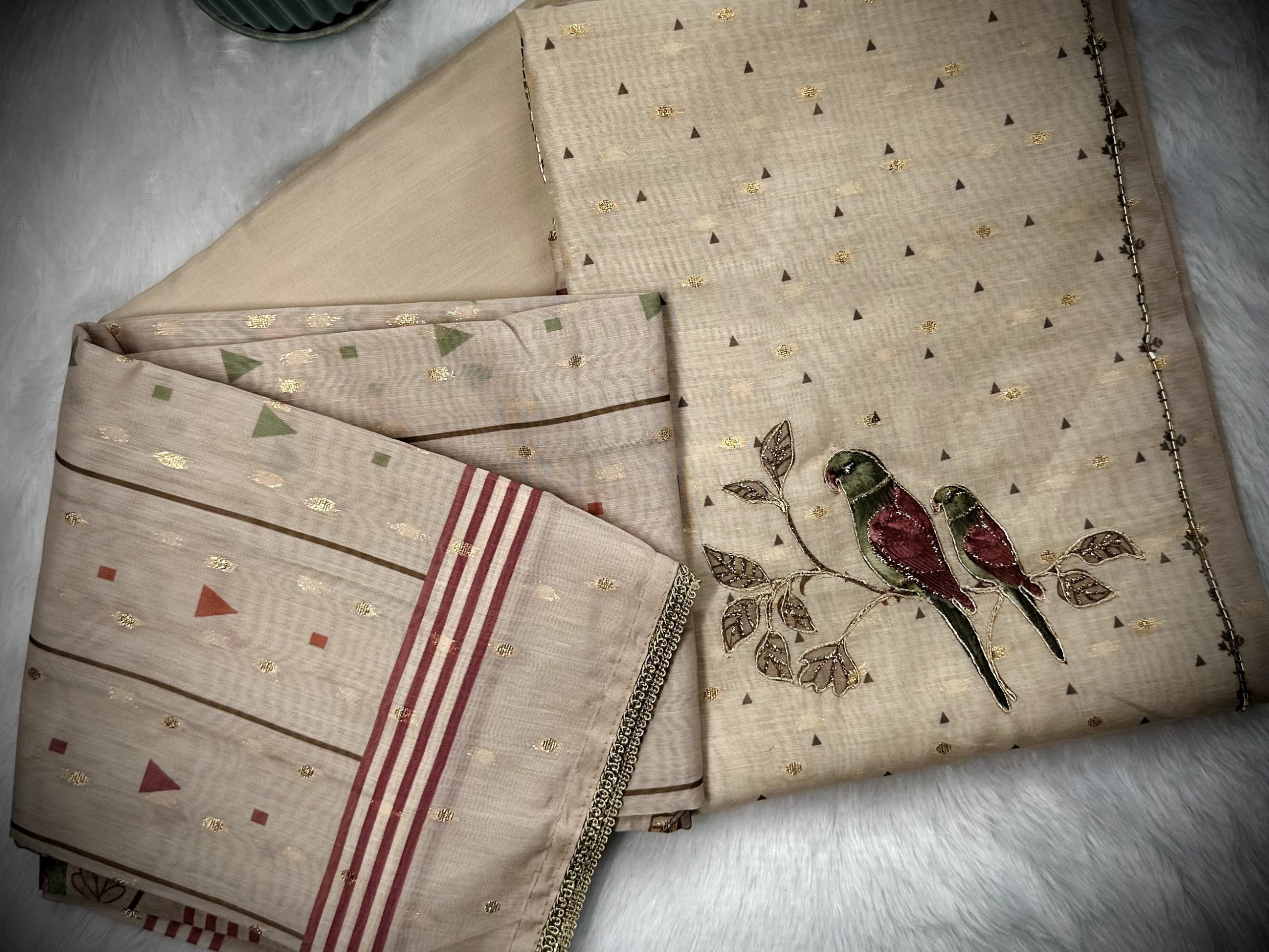 Cotton Mixed Suit with Beads & Zari Work, Parrot Motif