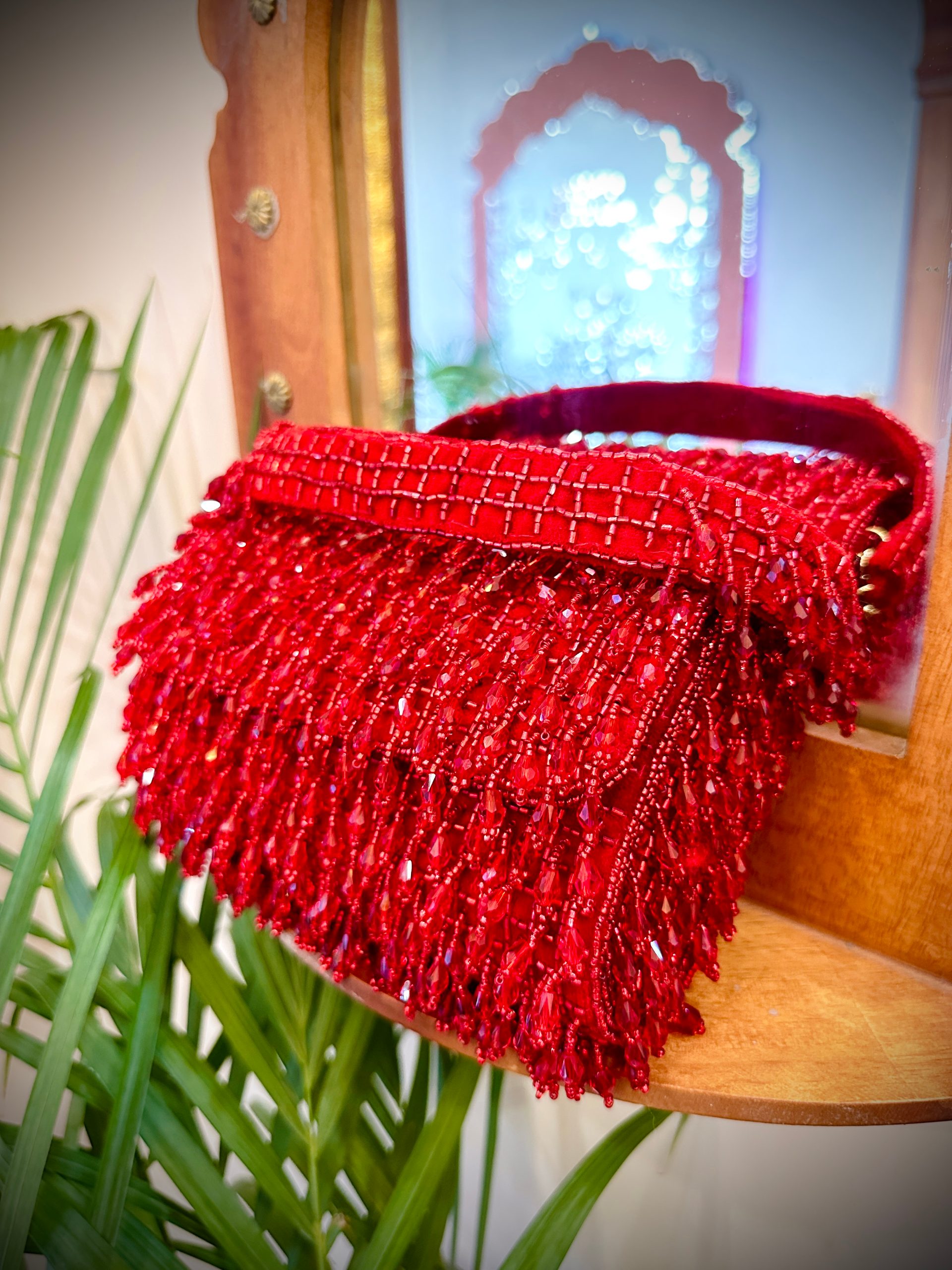 Red Crystal Flap Bag with Beads Work & Hangings — image 4 of 6