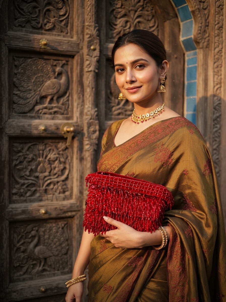 Festive woman wearing it — clutch