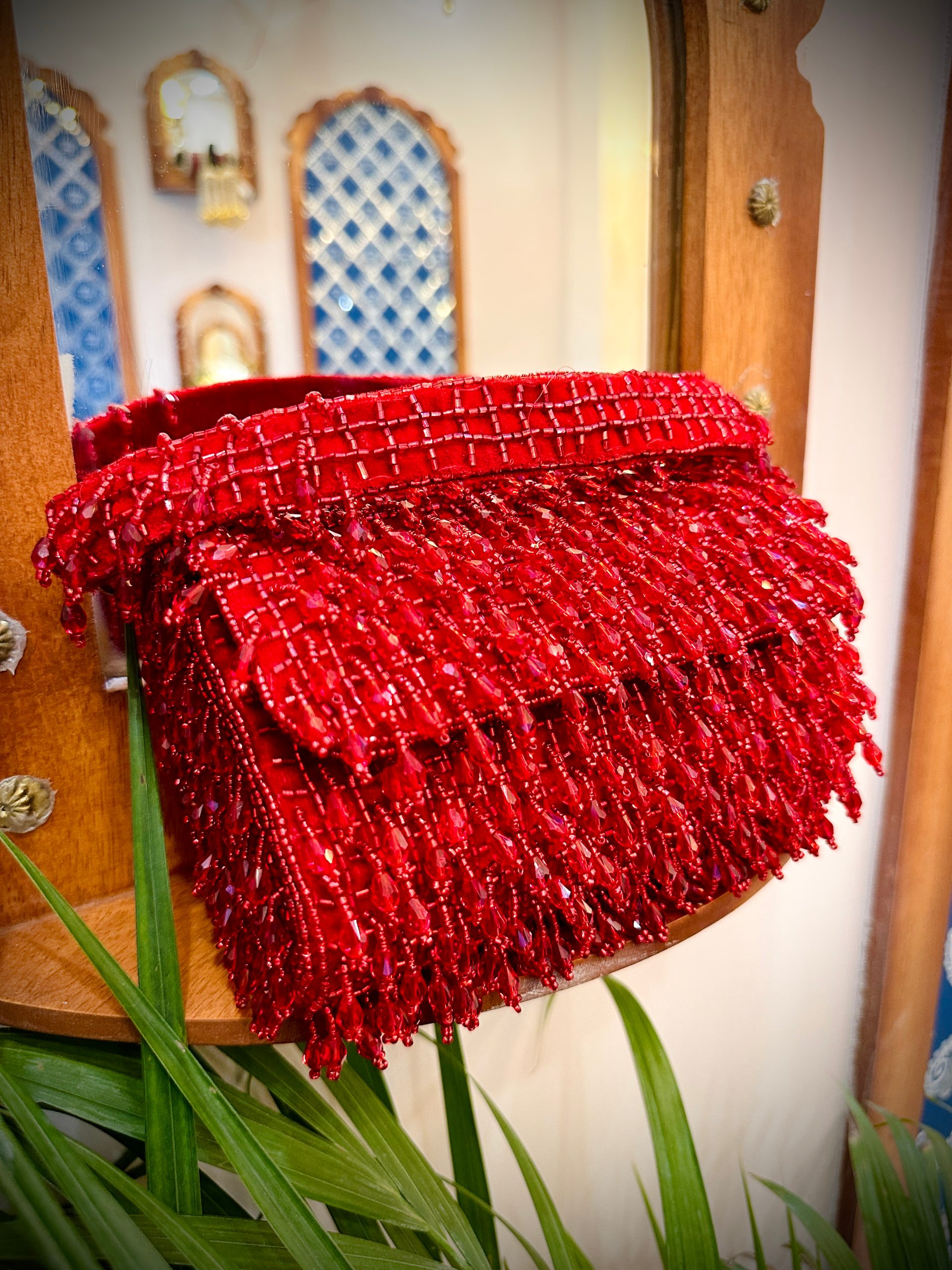Red Crystal Flap Bag with Beads Work & Hangings — image 3 of 6