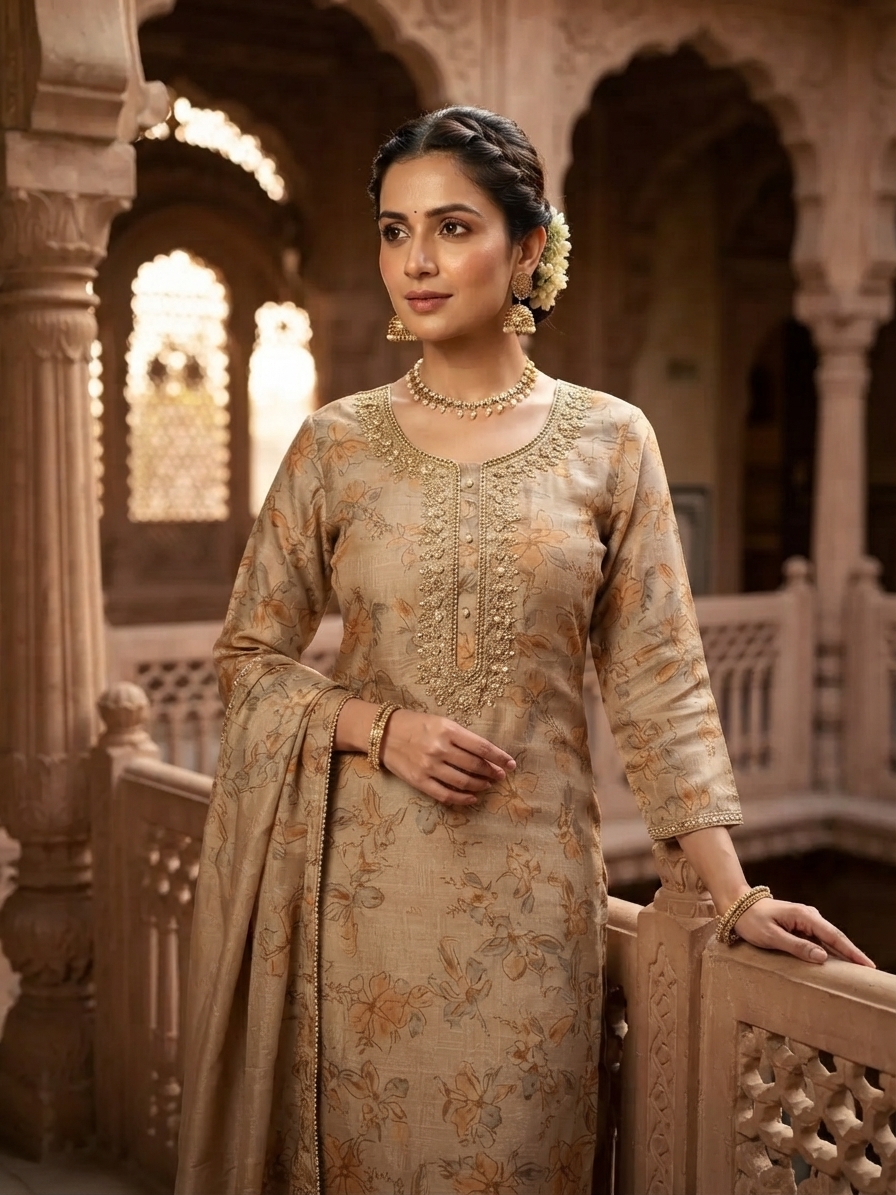 Intricate Beads Embroidered Silk Blend Suit with Vibrant Print