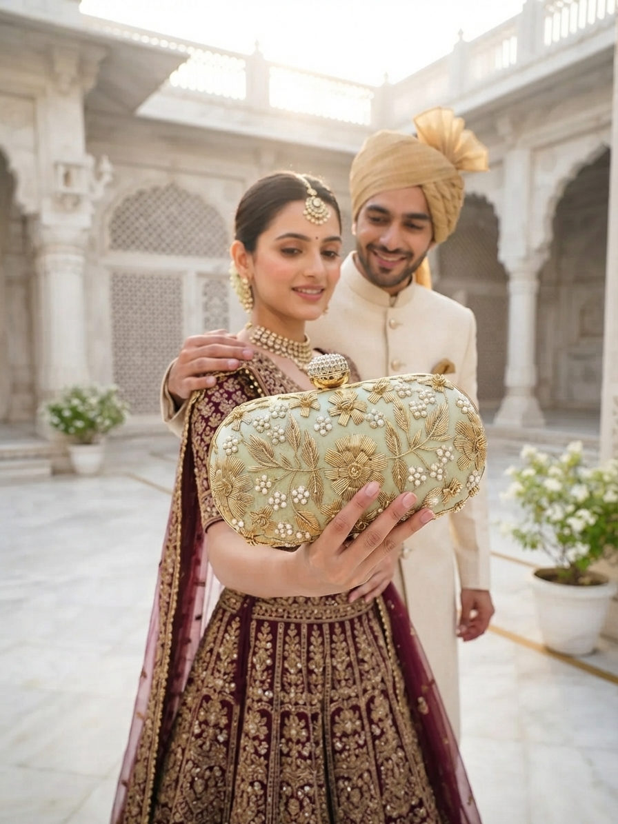 Pastel Mint Oval Dabka Clutch Bag | Pearl Embellished Handbag