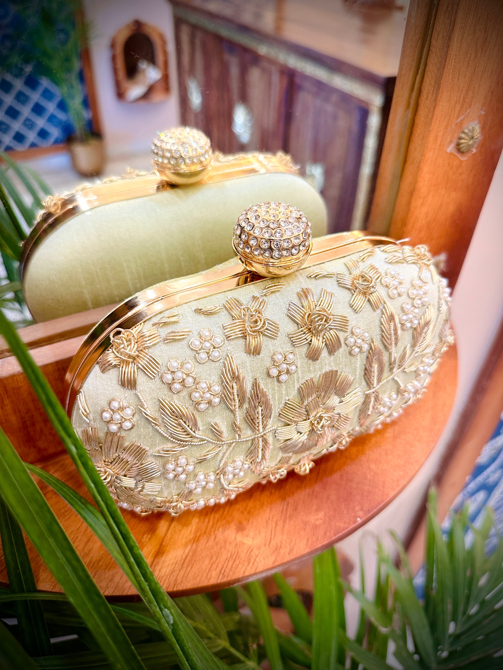 Pastel Mint Oval Dabka Clutch Bag | Pearl Embellished Handbag — image 3 of 4