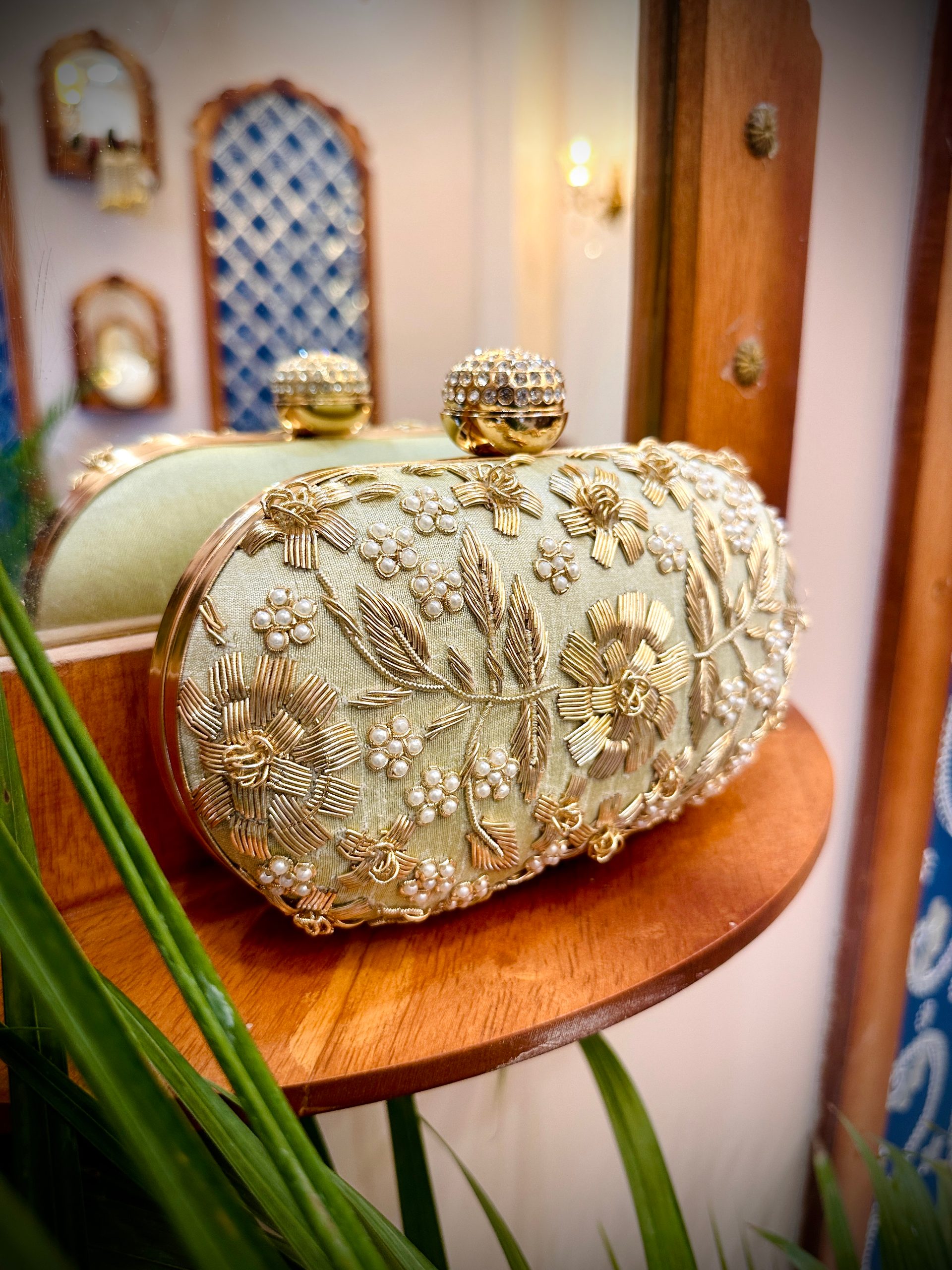 Pastel Mint Oval Dabka Clutch Bag | Pearl Embellished Handbag — image 2 of 4