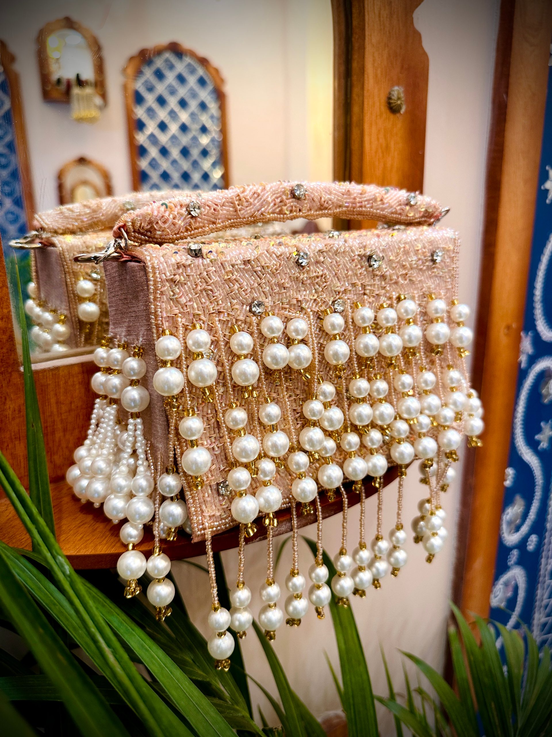 Peach Pearl Tassel Bag - Pastel Pink Flap Bag with Sequins & Beads — image 2 of 4