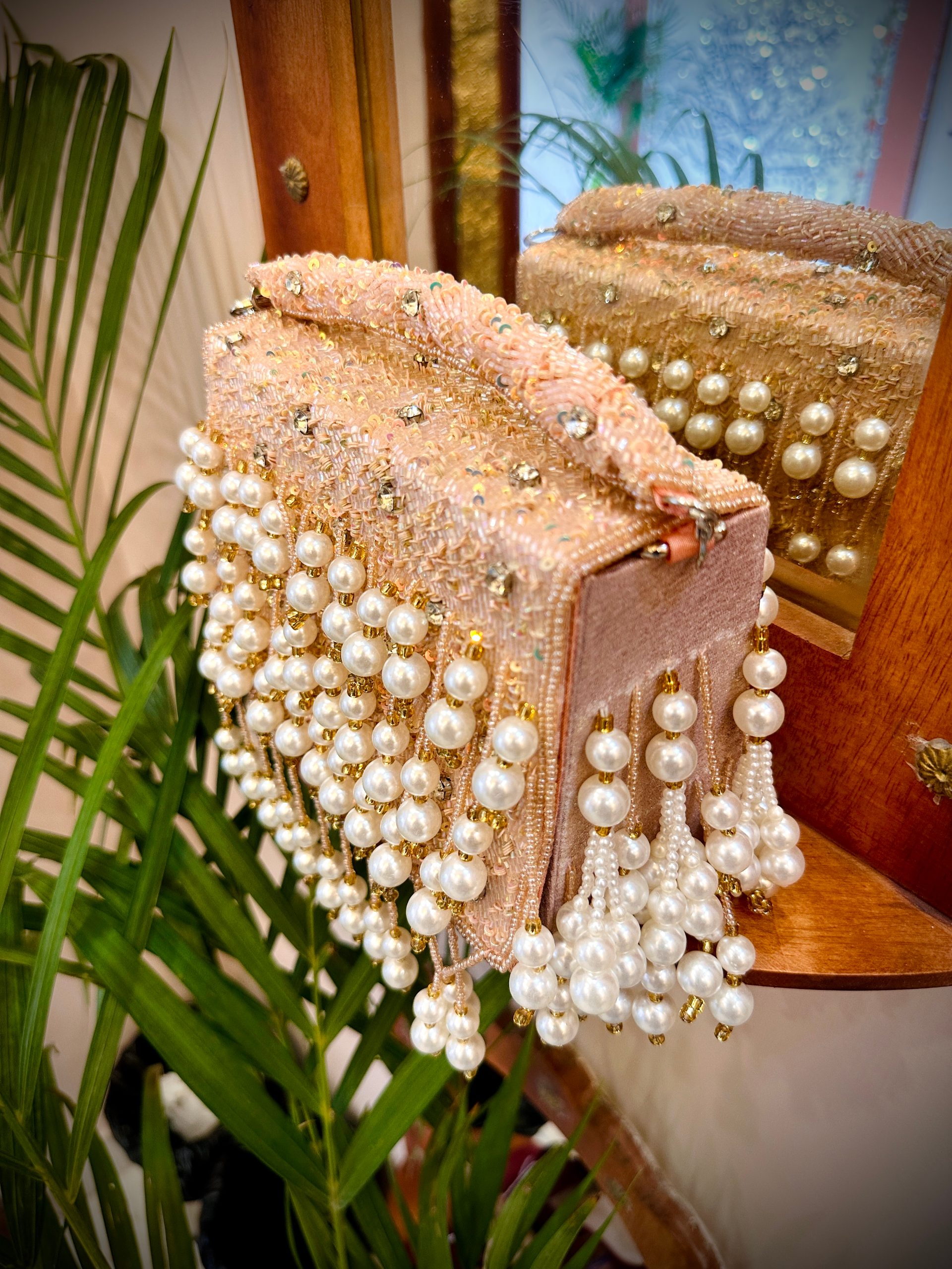 Peach Pearl Tassel Bag - Pastel Pink Flap Bag with Sequins & Beads — image 3 of 4