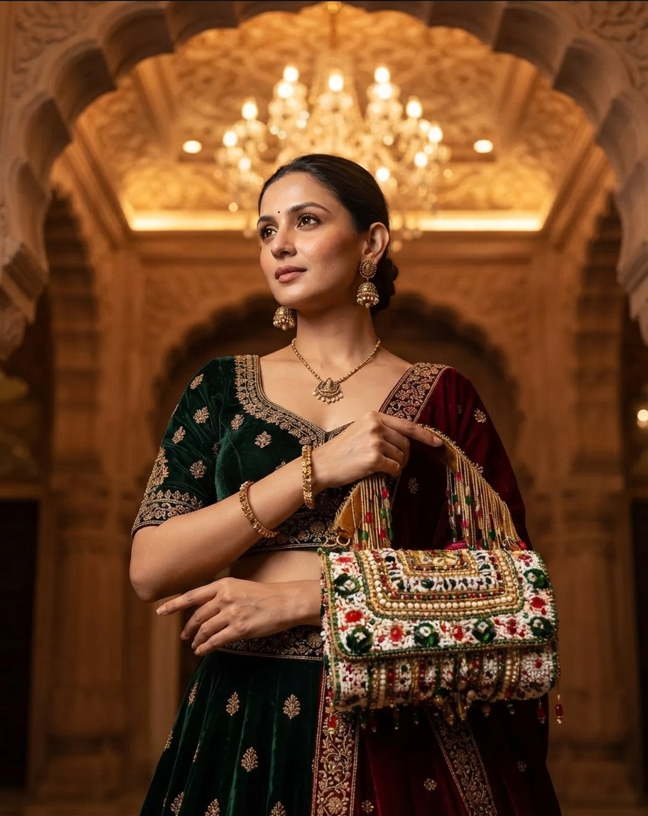 Festive woman wearing it — bags